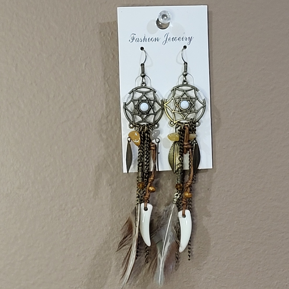 Long Dreamcatcher Leather Bead Tooth And Feather Earrings